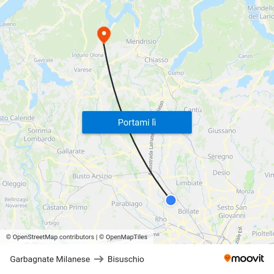 Garbagnate Milanese to Bisuschio map