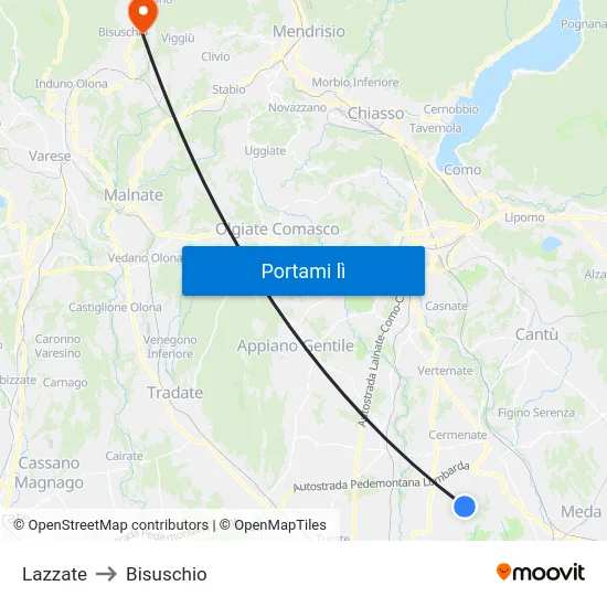 Lazzate to Bisuschio map