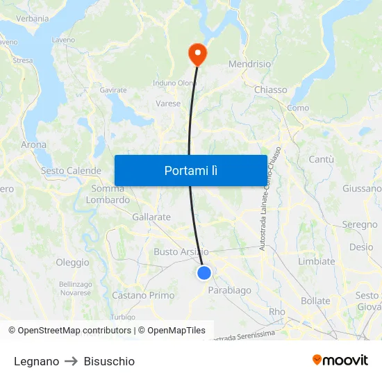 Legnano to Bisuschio map