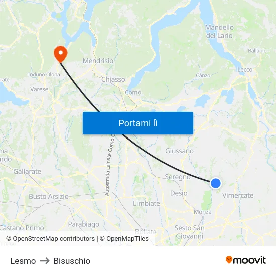 Lesmo to Bisuschio map