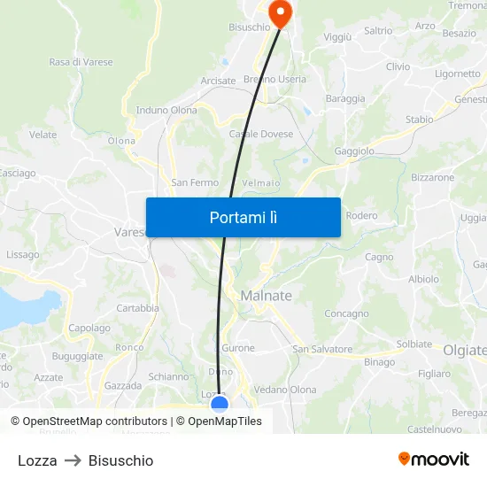 Lozza to Bisuschio map