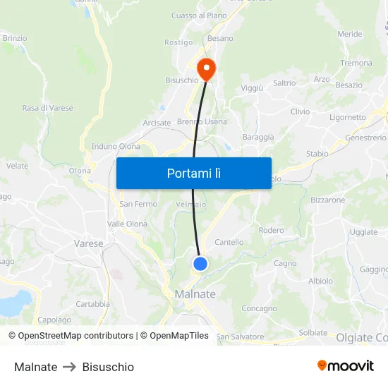 Malnate to Bisuschio map