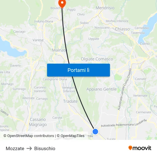 Mozzate to Bisuschio map