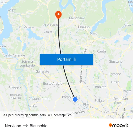 Nerviano to Bisuschio map