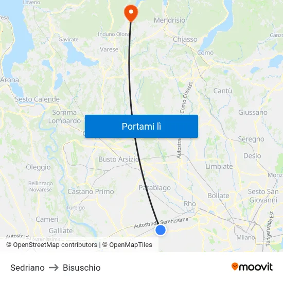 Sedriano to Bisuschio map