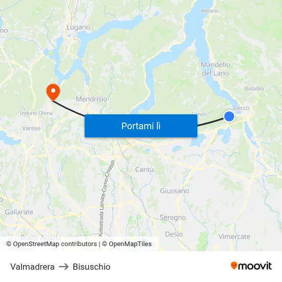 Valmadrera to Bisuschio map
