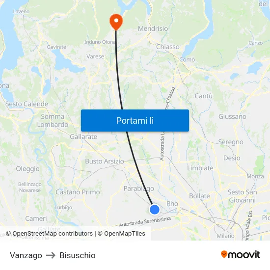 Vanzago to Bisuschio map