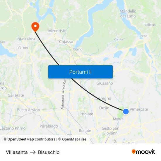 Villasanta to Bisuschio map