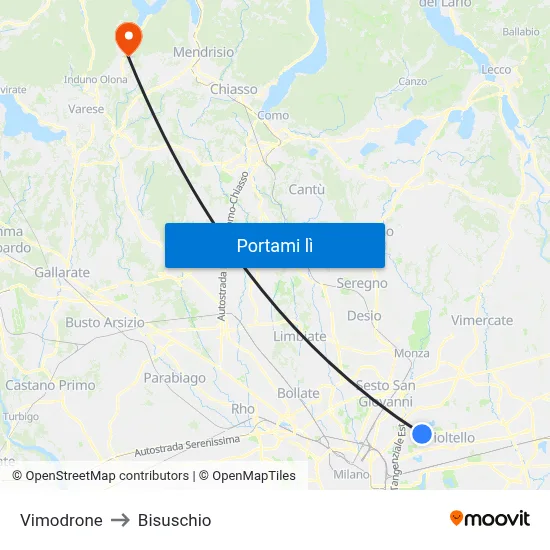 Vimodrone to Bisuschio map