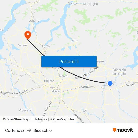 Cortenova to Bisuschio map