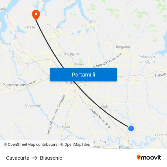 Cavacurta to Bisuschio map