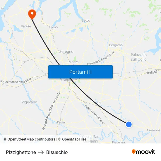Pizzighettone to Bisuschio map