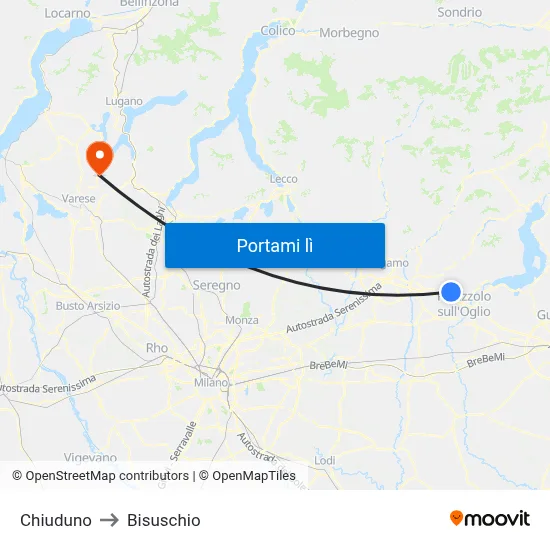Chiuduno to Bisuschio map