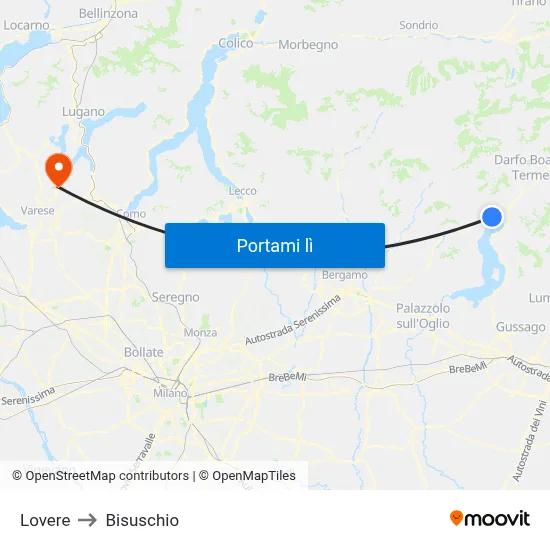 Lovere to Bisuschio map