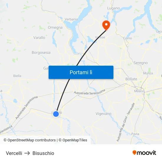 Vercelli to Bisuschio map