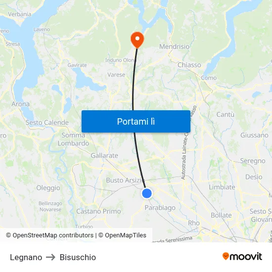 Legnano to Bisuschio map