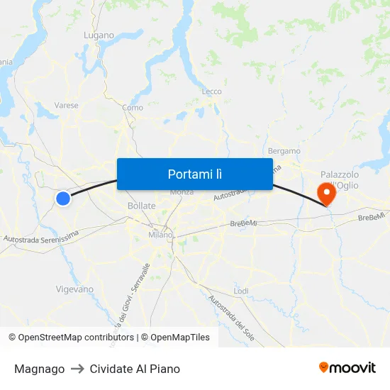 Magnago to Cividate Al Piano map