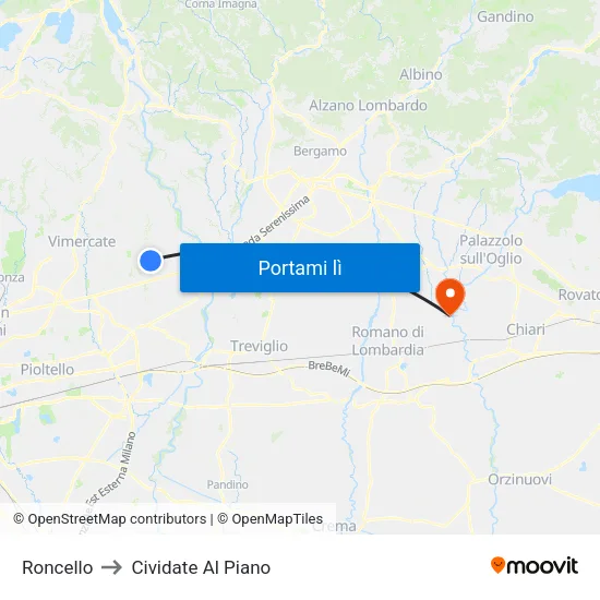 Roncello to Cividate Al Piano map