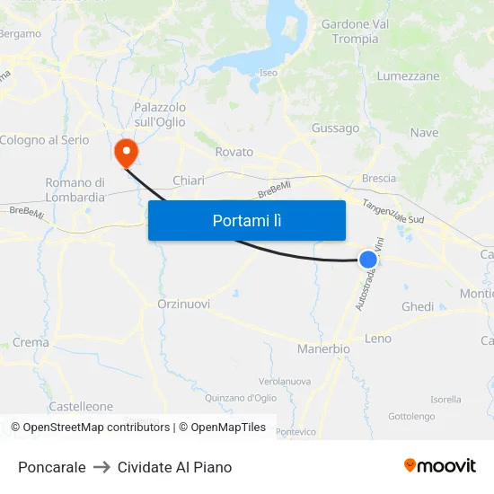 Poncarale to Cividate Al Piano map