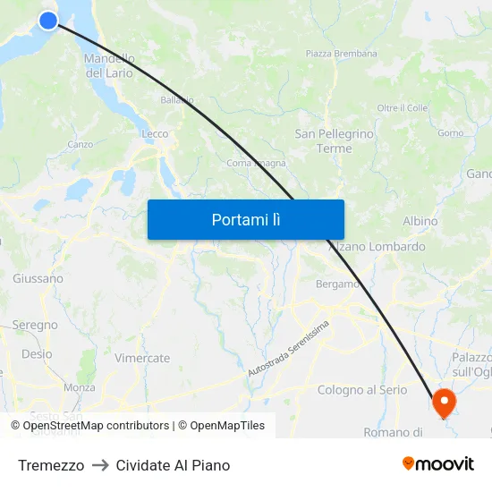 Tremezzo to Cividate Al Piano map