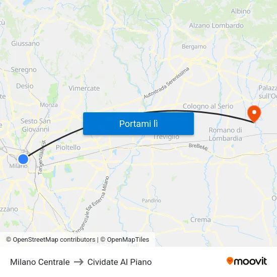 Milano Centrale to Cividate Al Piano map