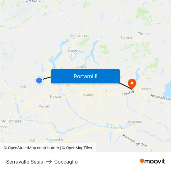 Serravalle Sesia to Coccaglio map