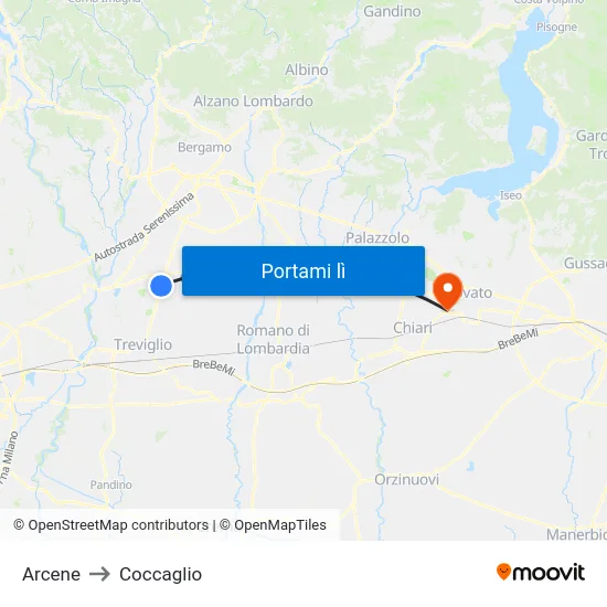 Arcene to Coccaglio map