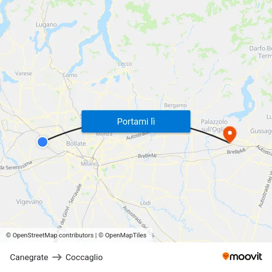Canegrate to Coccaglio map