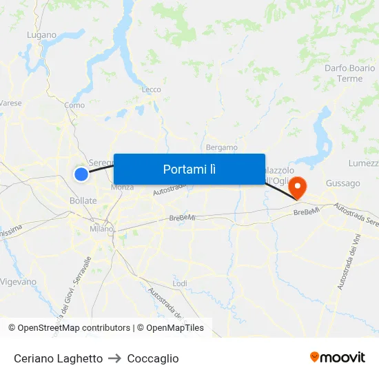 Ceriano Laghetto to Coccaglio map