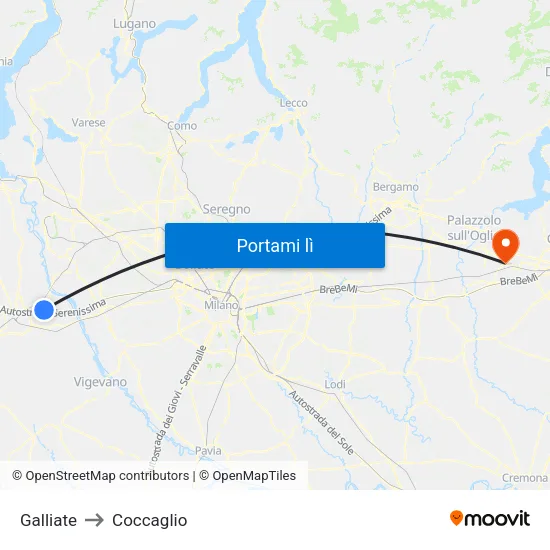 Galliate to Coccaglio map