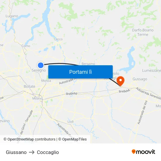 Giussano to Coccaglio map
