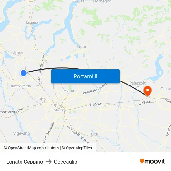 Lonate Ceppino to Coccaglio map