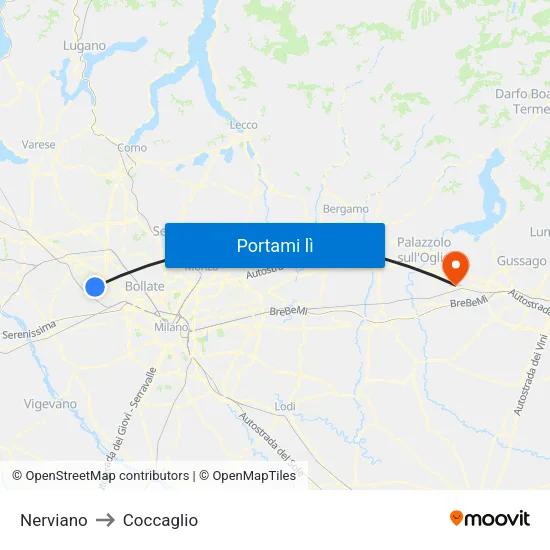 Nerviano to Coccaglio map