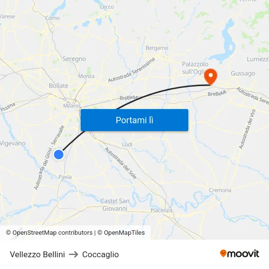 Vellezzo Bellini to Coccaglio map