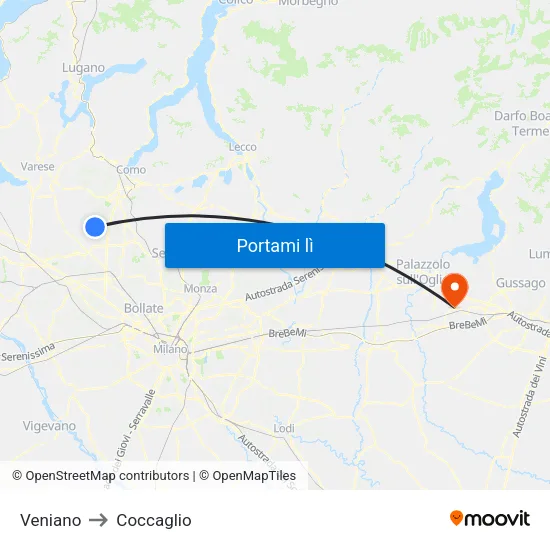 Veniano to Coccaglio map