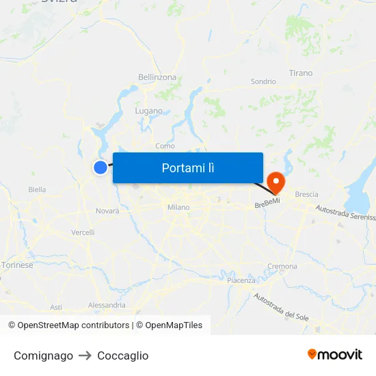 Comignago to Coccaglio map