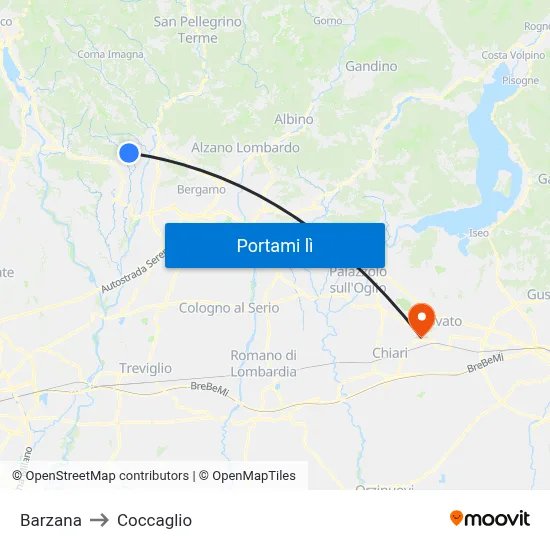 Barzana to Coccaglio map