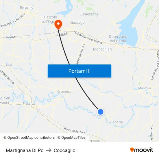 Martignana Di Po to Coccaglio map