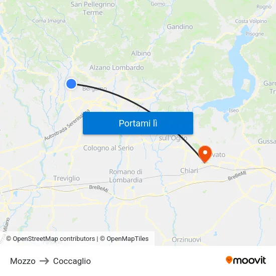 Mozzo to Coccaglio map