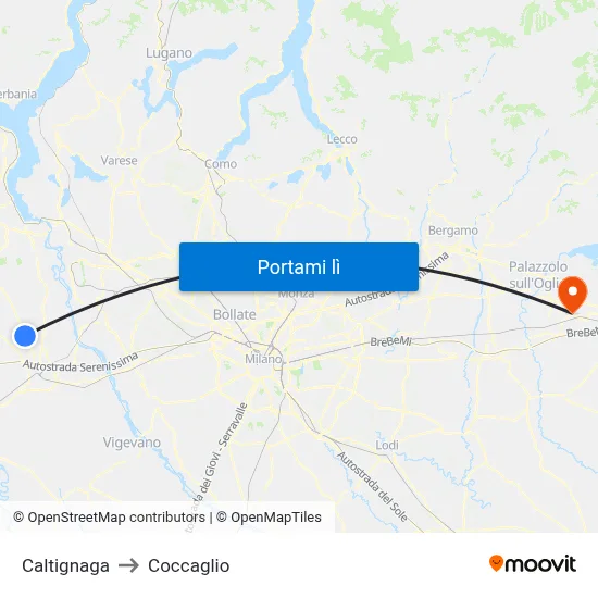 Caltignaga to Coccaglio map