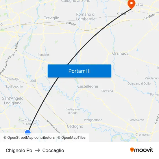 Chignolo Po to Coccaglio map