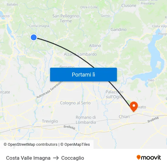 Costa Valle Imagna to Coccaglio map