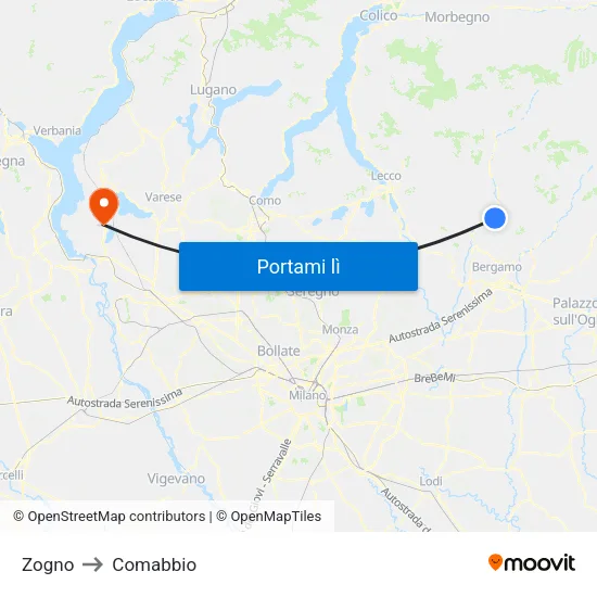 Zogno to Comabbio map