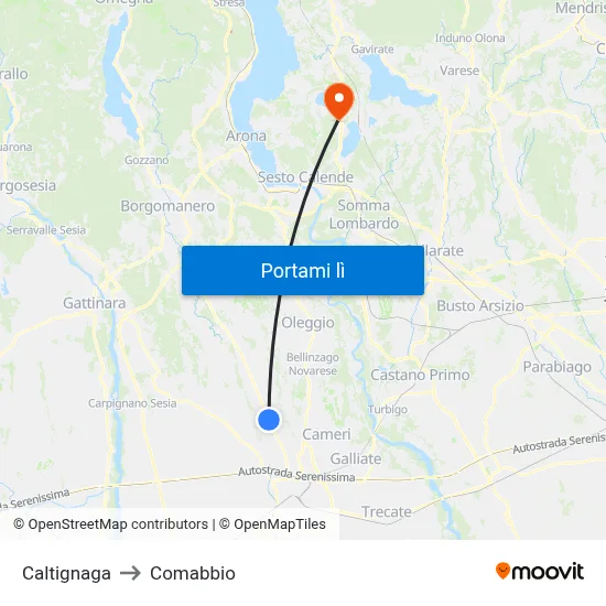 Caltignaga to Comabbio map