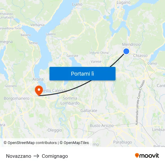 Novazzano to Comignago map