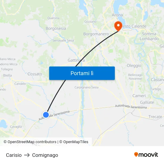 Carisio to Comignago map