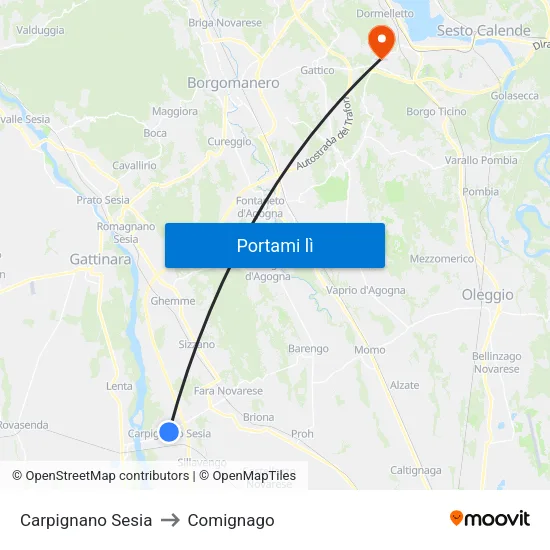 Carpignano Sesia to Comignago map