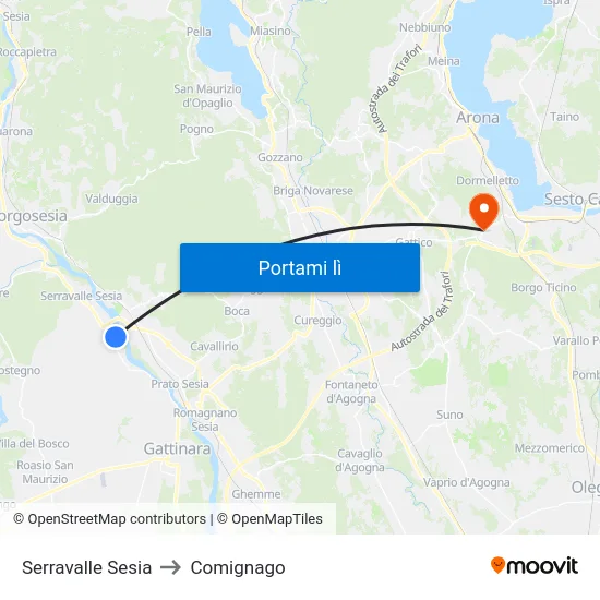 Serravalle Sesia to Comignago map