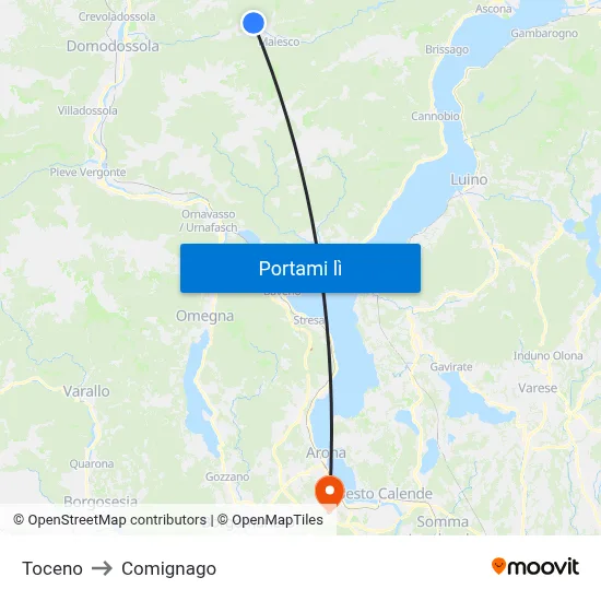 Toceno to Comignago map