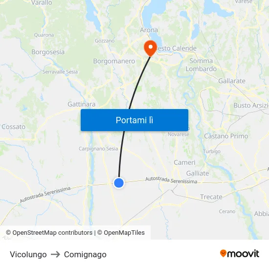 Vicolungo to Comignago map